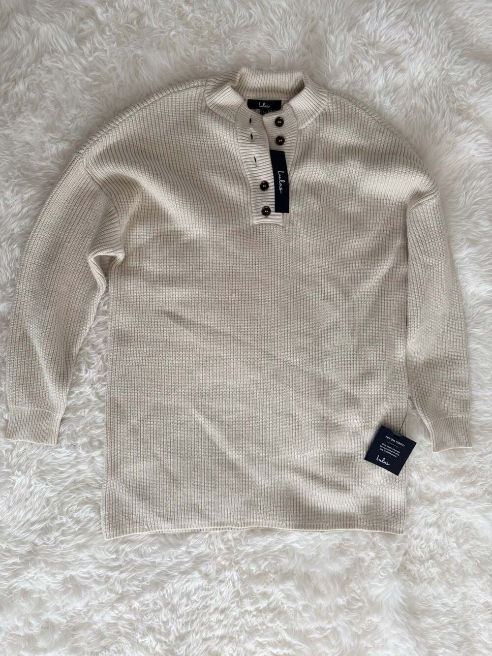 Lulus  Cream Ribbed Button-Up Sweater Dress
